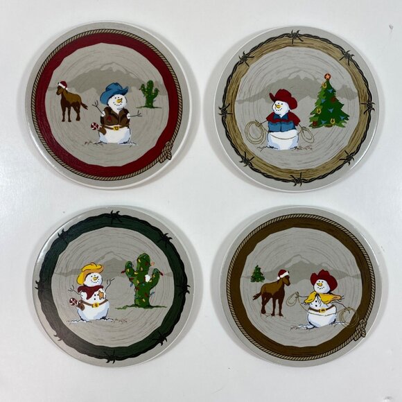 Sonoma Life+Style Happy Trails Holiday Set Of 4 Coasters Snowman Cowboy 4.25" - Picture 3 of 10